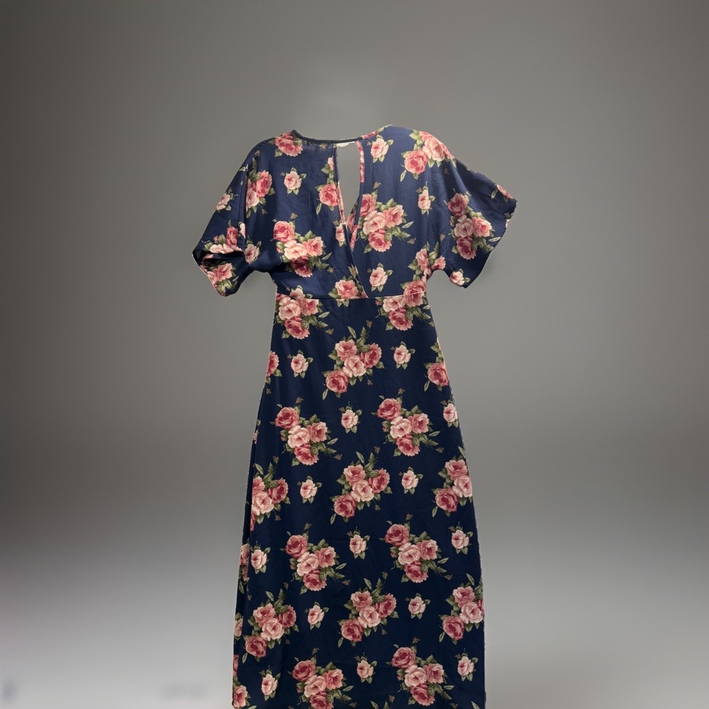Monteau Los Angeles Blue Floral Chiffon Flutter Sleeve V-Neck Wrap Dress PS